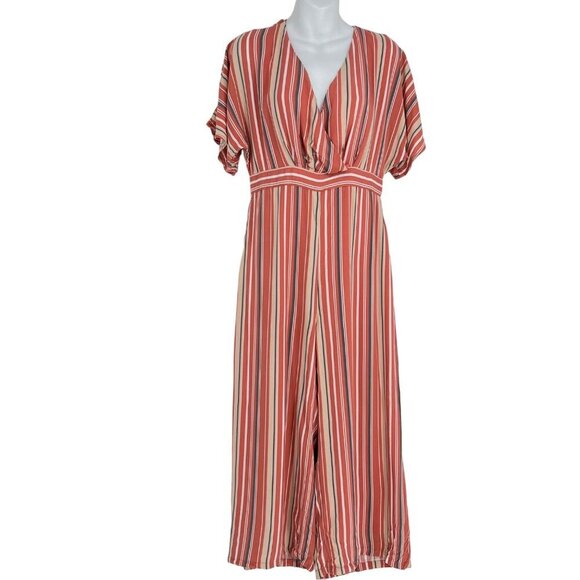 Lulus Vacation Bae Rusty Rose Striped Short Sleeve Jumpsuit‎ Size Large - Picture 8 of 8
